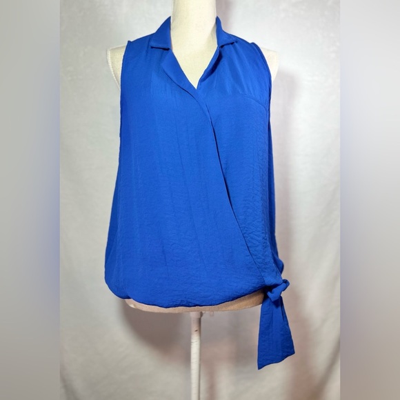 Forever 21 Sleeveless Blouse Women’s Size L Royal Blue Faux Wrap - Picture 2 of 7